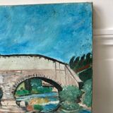 Oil painting on canvas landscape bridge and old river