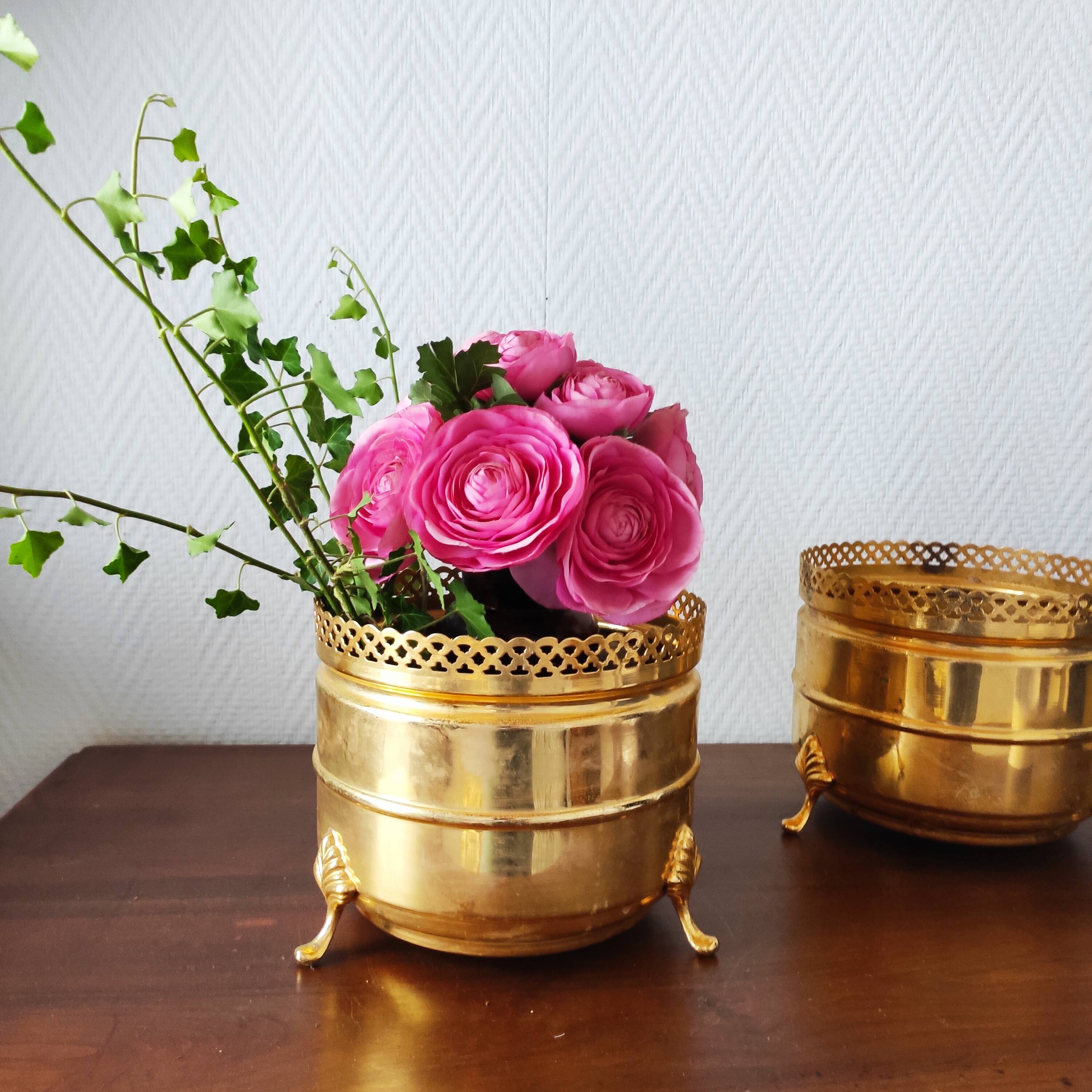 Pair of vintage brass planters with openwork gallery cache-pot.