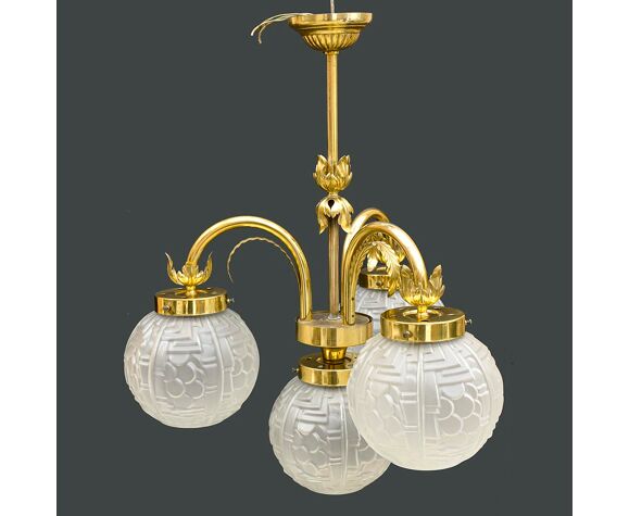 Lustre plafonnier doré 4 globes verre style Genet Michon art déco  moderniste vintage ancien | Selency