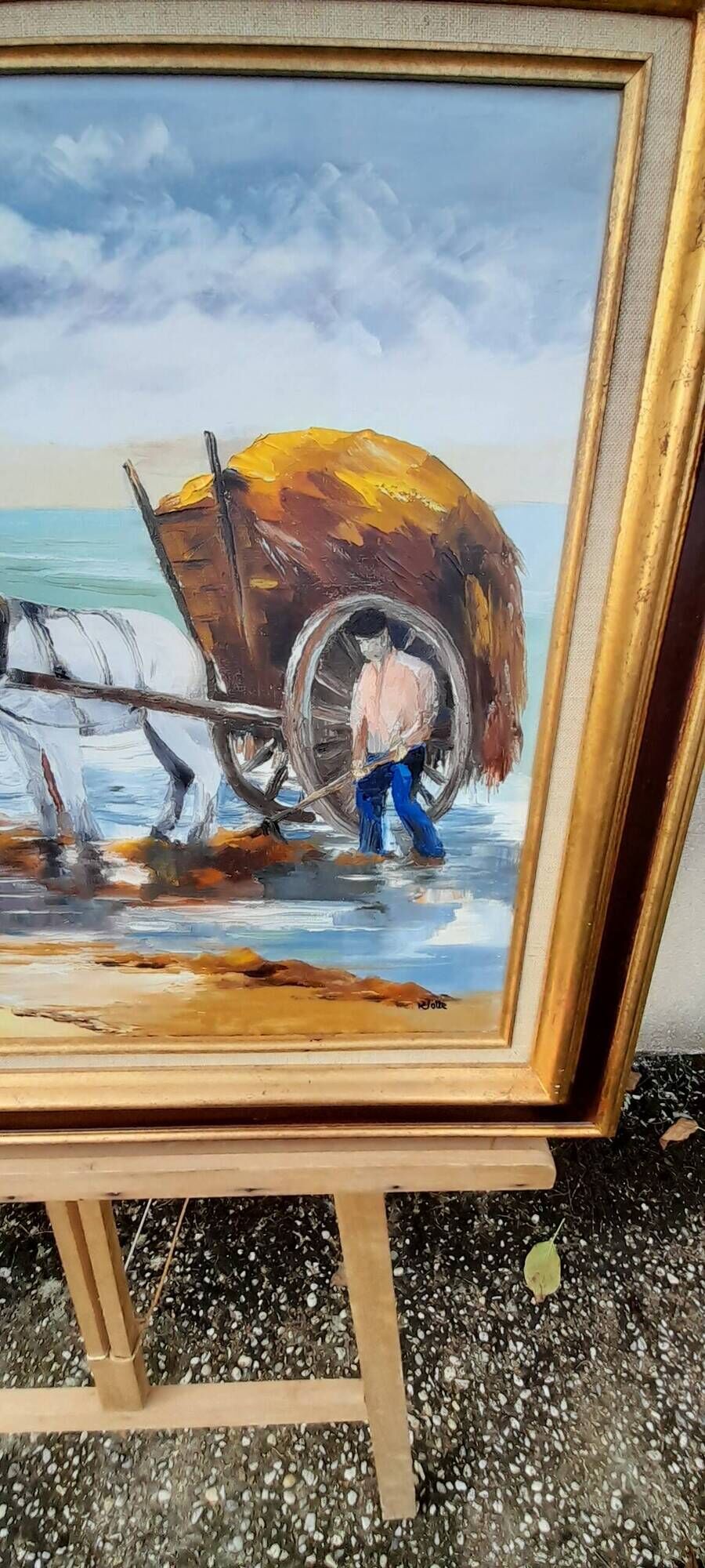 Framed oil on canvas signed Riotte seaweed collector L 81.5 cm Brittany Finistère