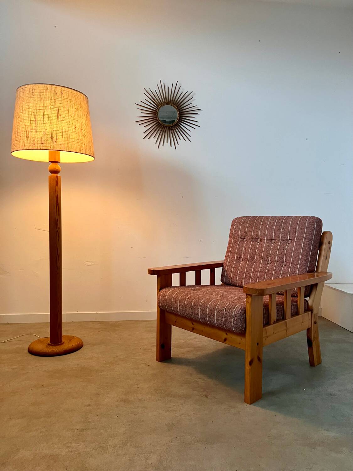 Old vintage Scandinavian design pine armchair from the 70s