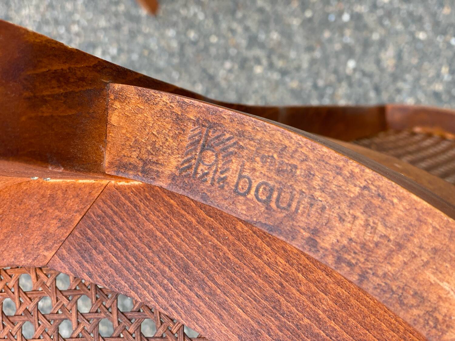 5 solid wood caned chairs, Louis XV style, stamped Baumann