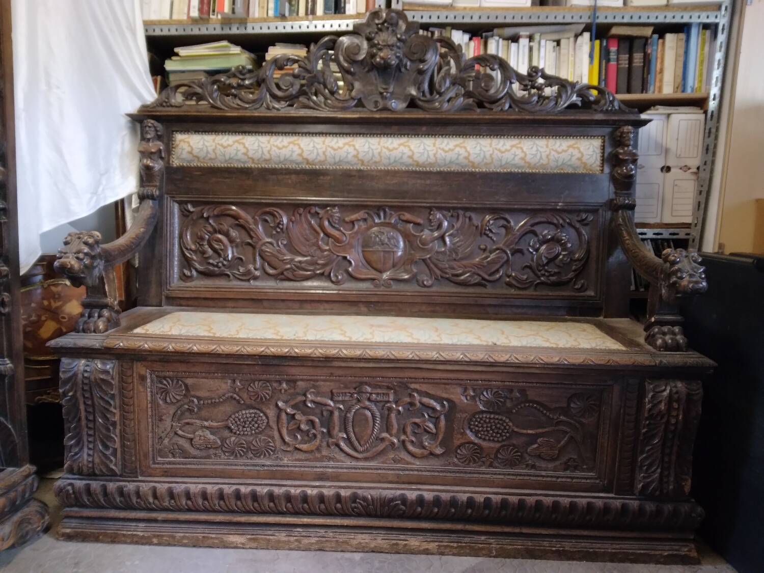19th century carved wooden chest bench
