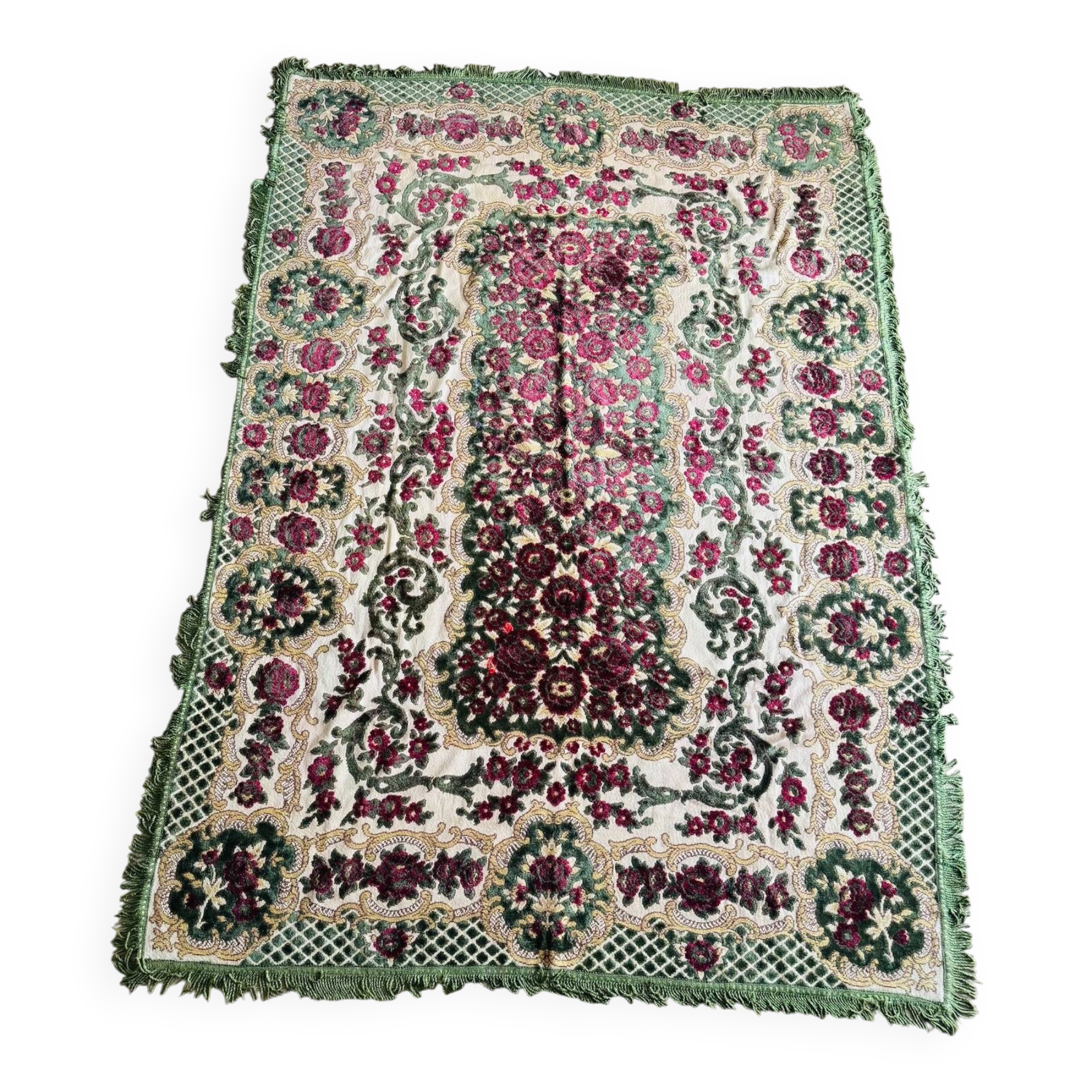 Old floral cotton velvet rug or throw with fringes, 180 x 130 cm