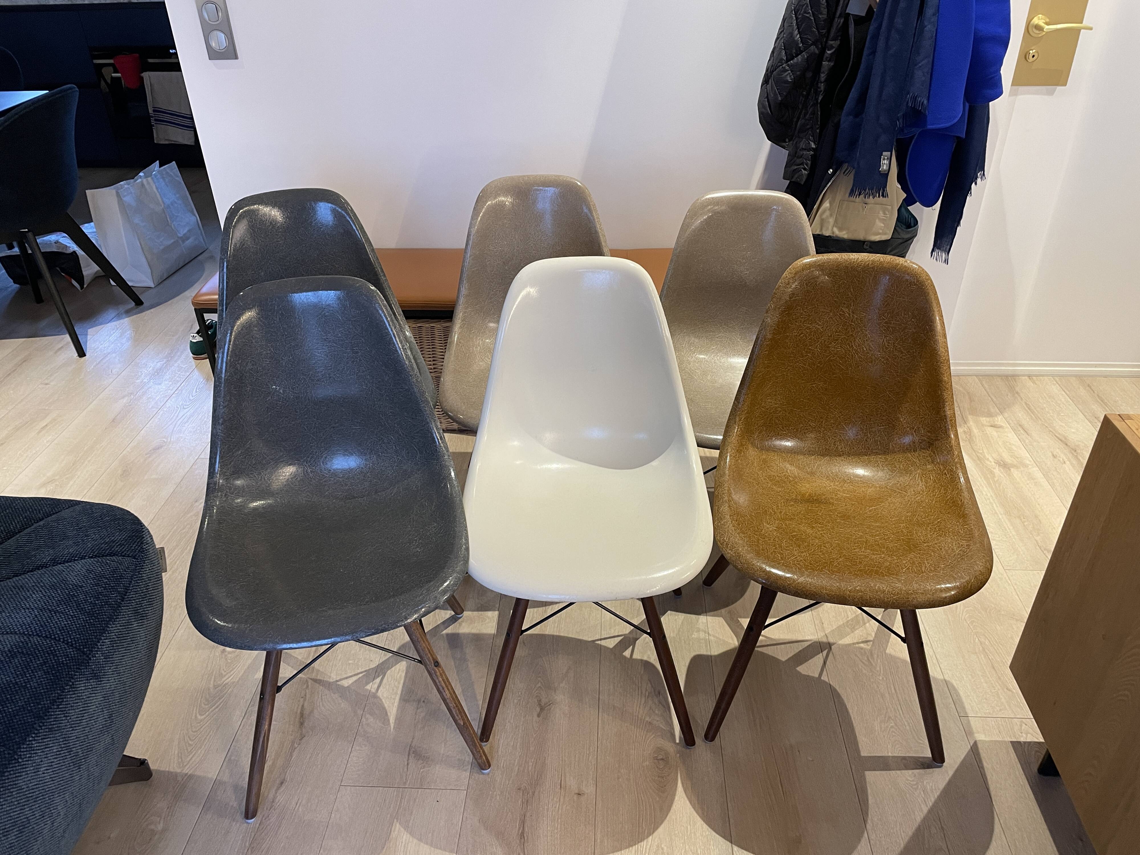 Lot of 6 Eames chairs from the 60s (4 colours) genuine fibreglass + new legs.