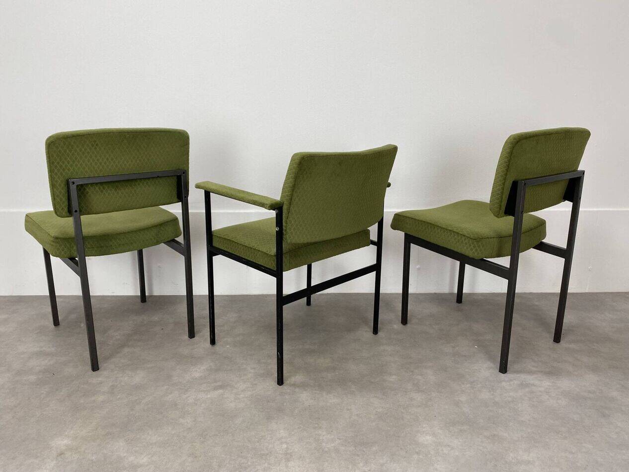 2 chairs and 1 office armchair from the 1950s in green velvet and black metal.