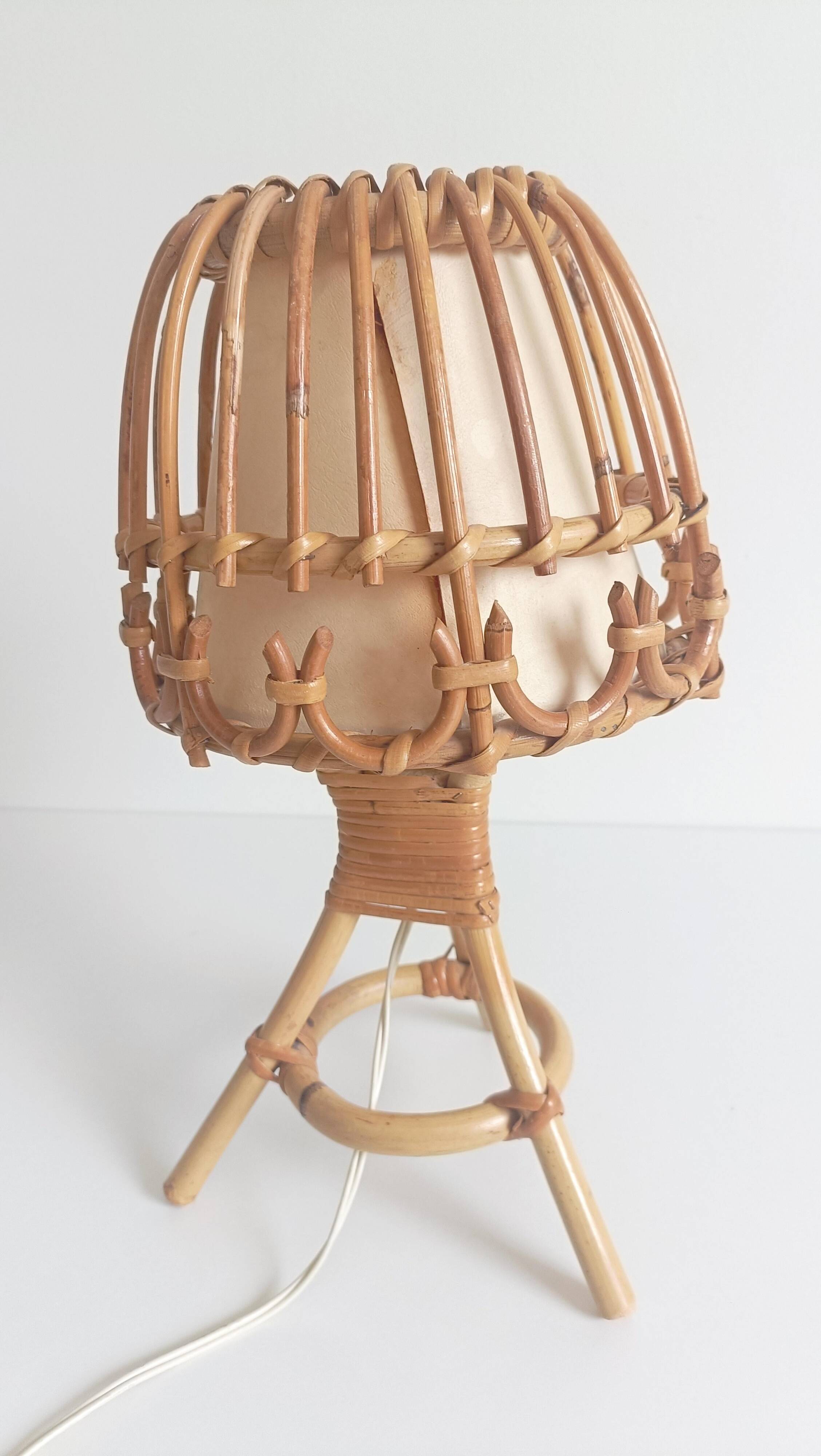 Midcentury Bamboo and Rattan Table Lamp, Attributed to Louis Sognot