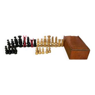 Antique regency wooden chess set with glass eyes - h king 10 cm - chess