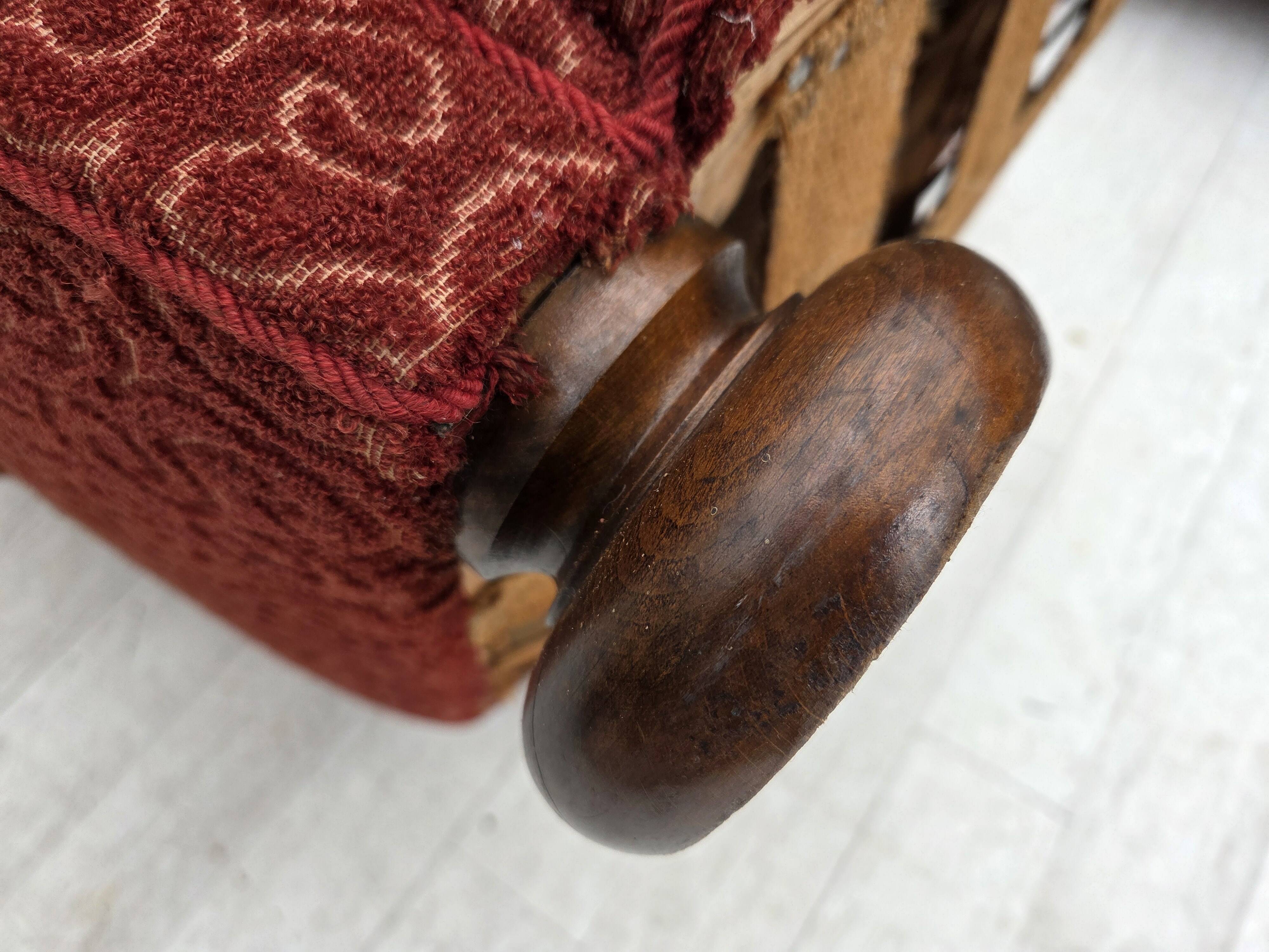 1960s, Danish relax armchair, original red furniture wool, oak wood legs.