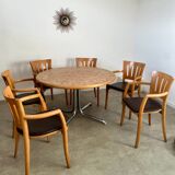 Old inlaid wood table designed by Dieter Waeckerlin Idealheim from the 70s with metal foot