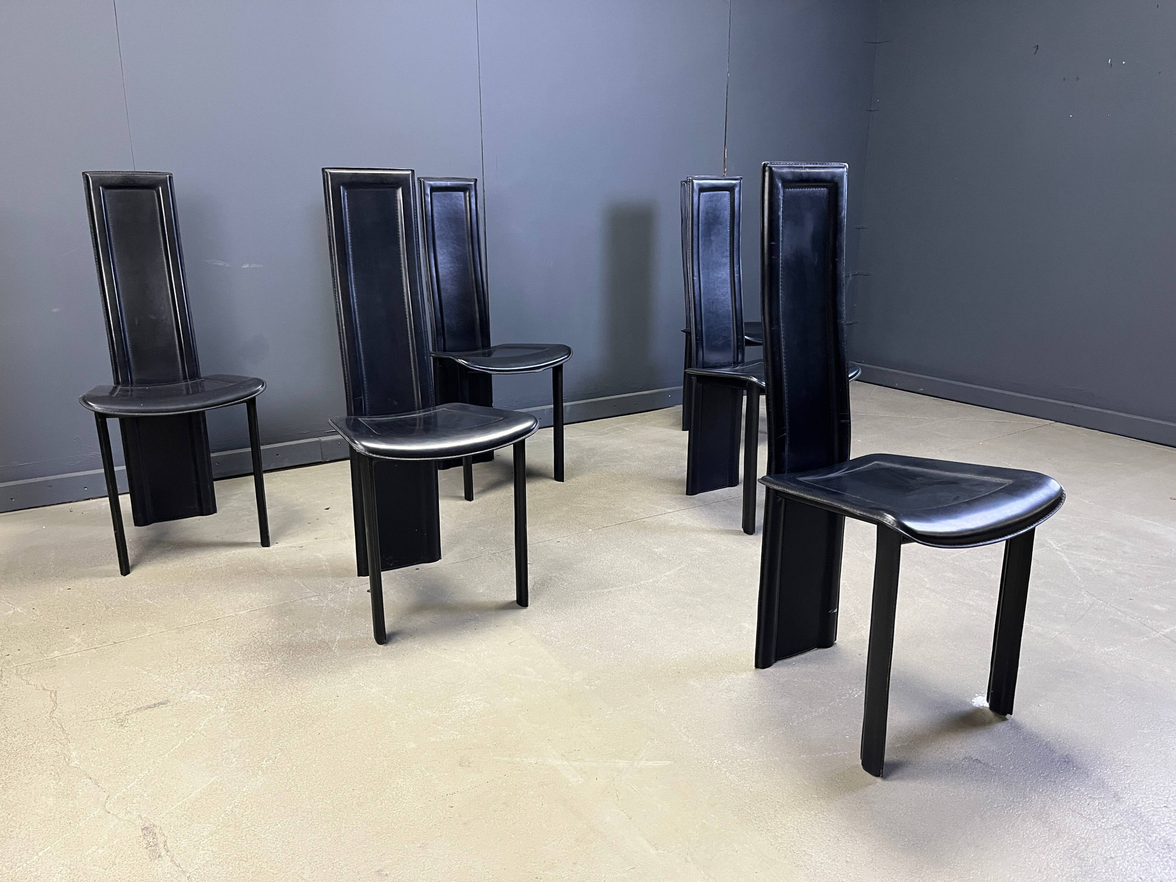 Vintage black leather dining chairs, set of 6, 1980s