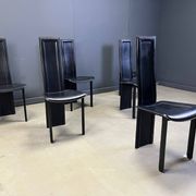 Vintage black leather dining chairs, set of 6, 1980s
