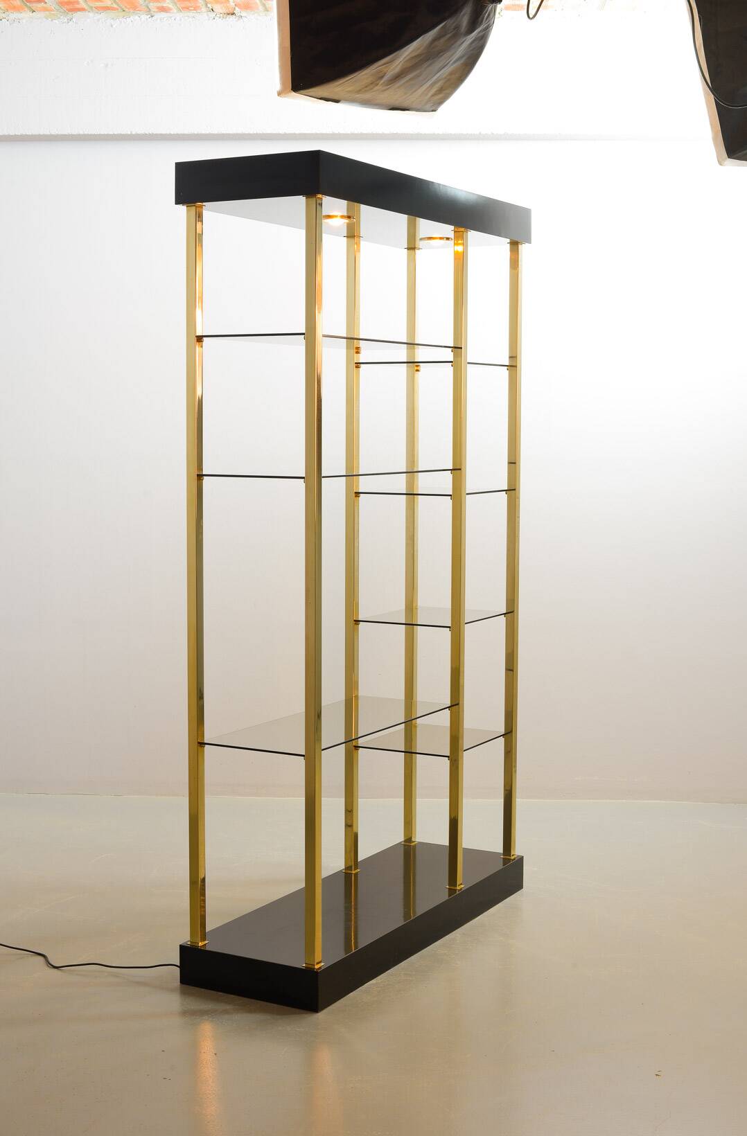 Black Belgo Chrom Hollywood Regency 20 Carat Gold Plated Shelving Unit 70s