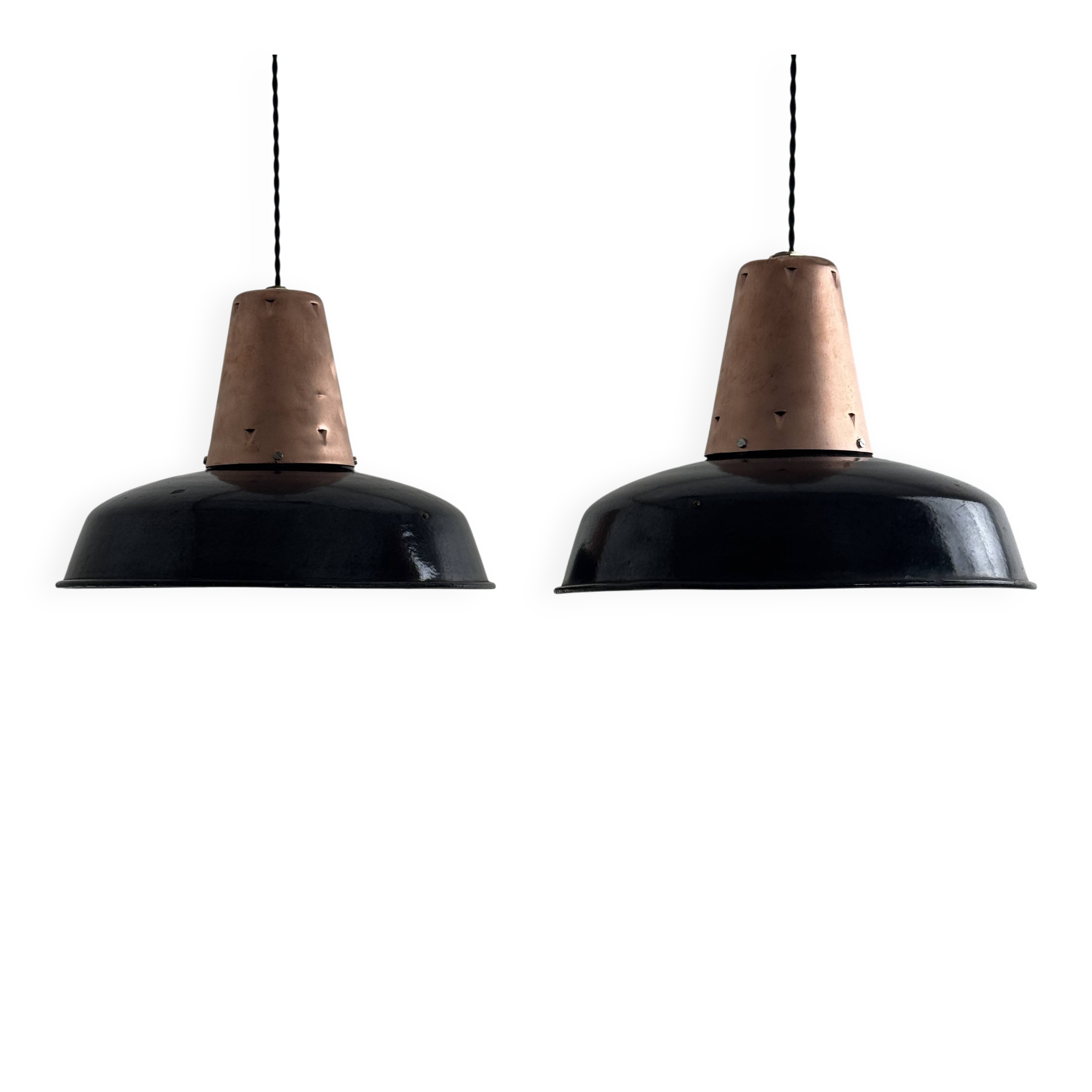 Pair of antique enamelled "mazda" suspensions 35 cm industrial