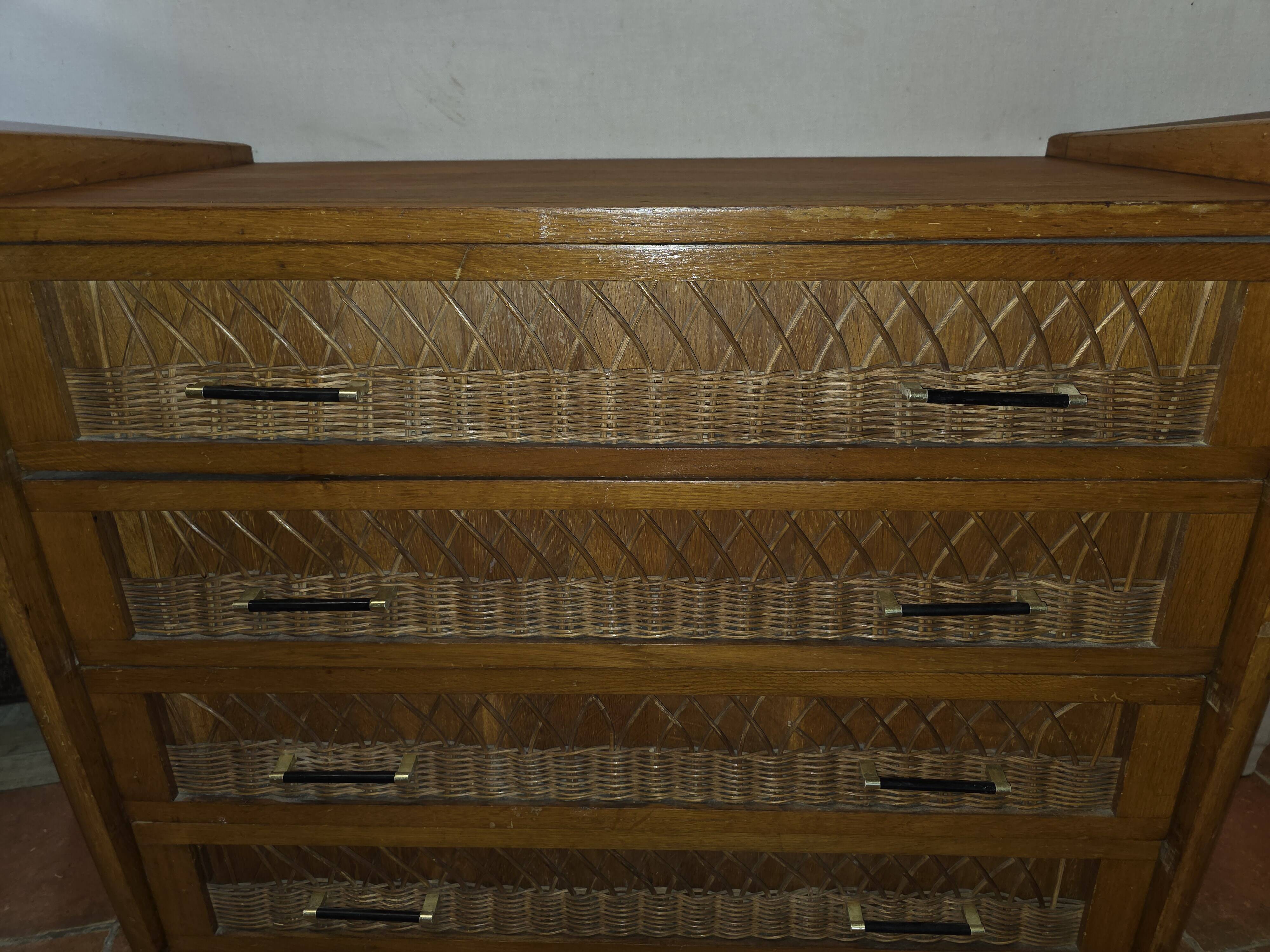 Commode vintage rotin et chêne des années 60