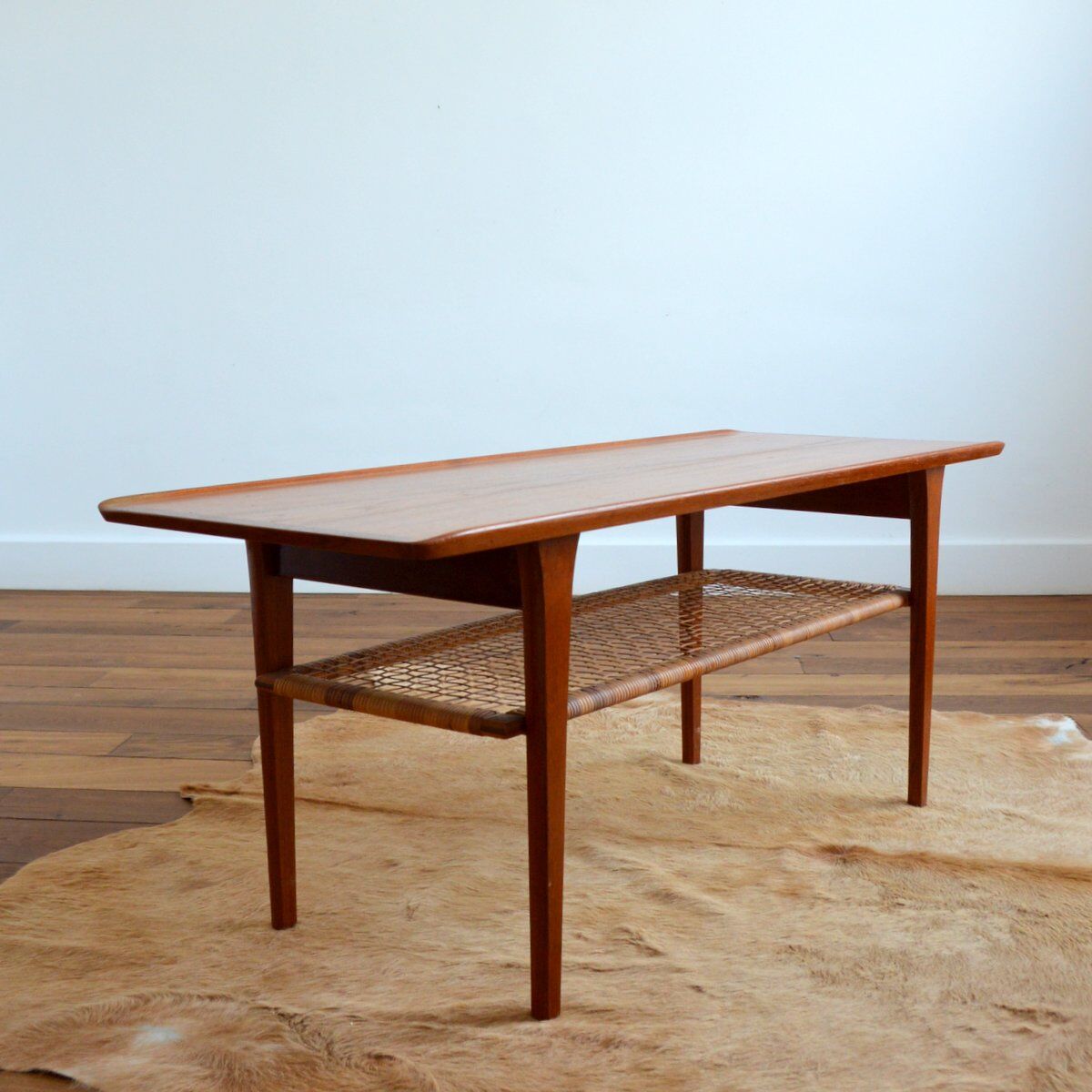 Coffee table double top Danish design teak and rattan 1960