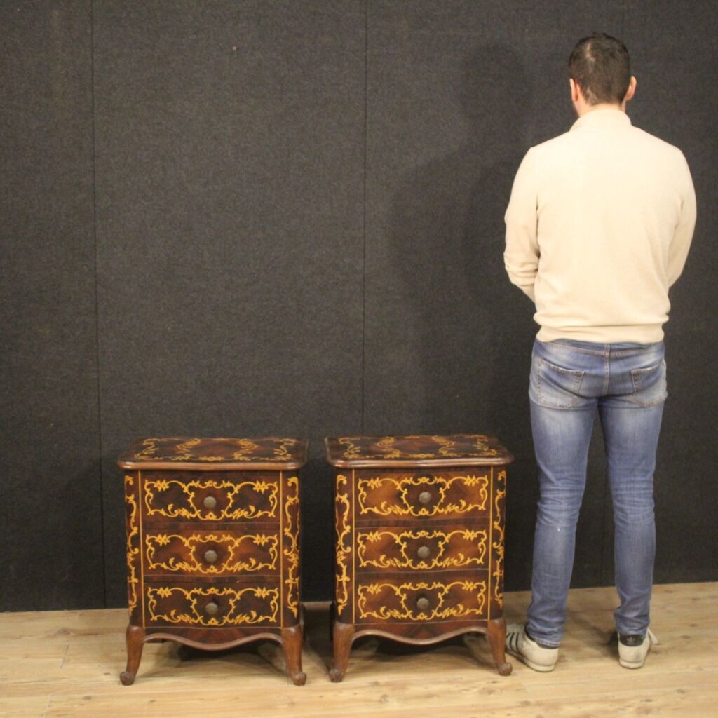 Pair of Italian inlaid bedside tables in walnut, maple and beech