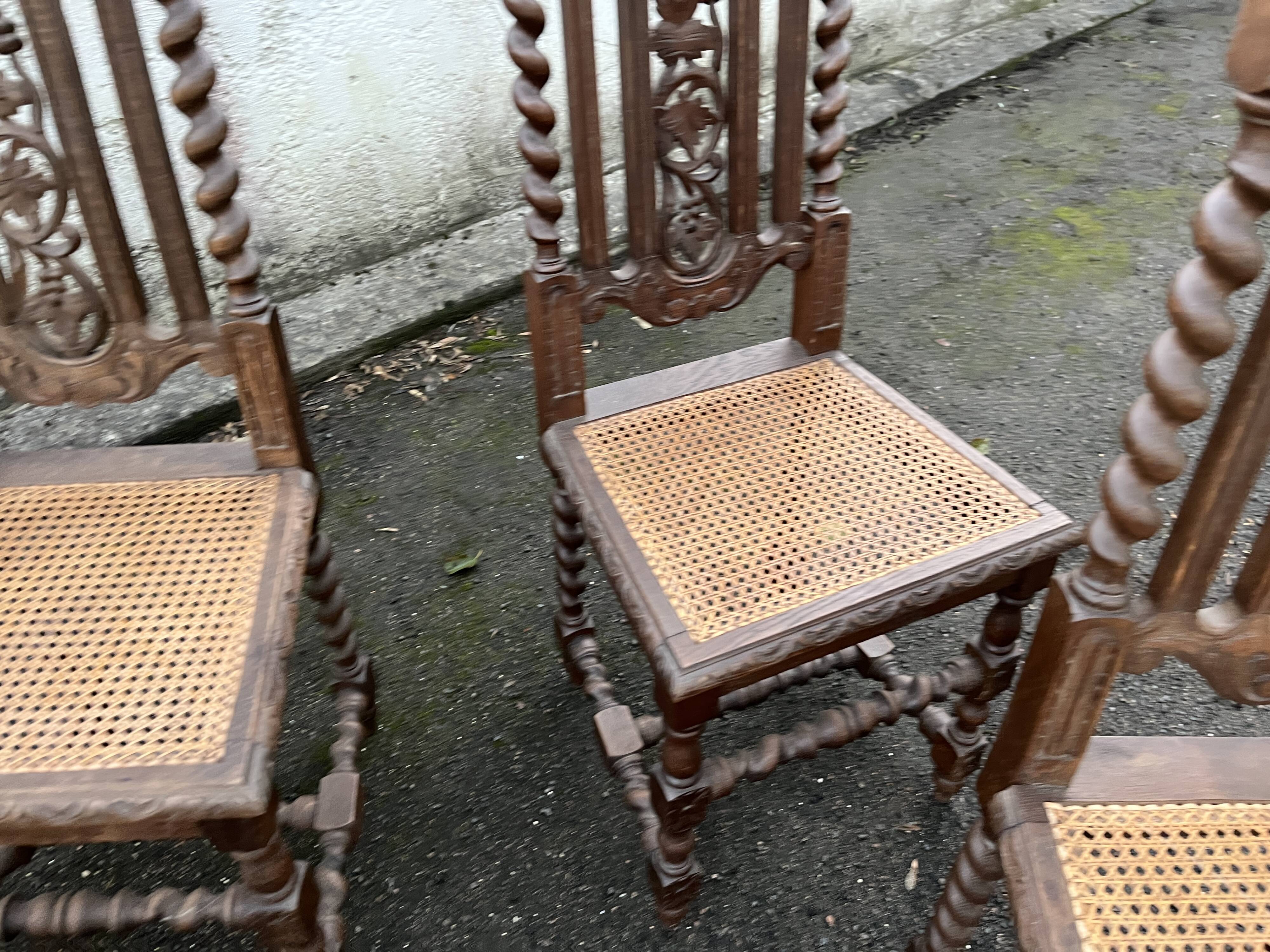 4 Henri II style chairs with twisted columns and cane seats