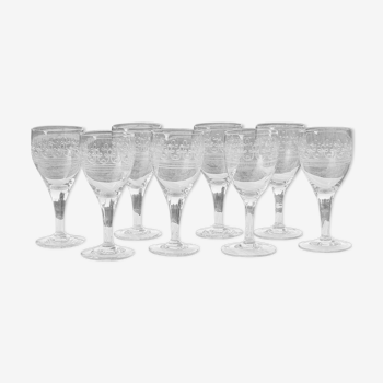 8 old water glasses engraved with a large frieze late XIX-XXth