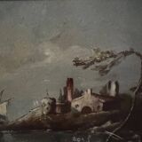 Oil on panel, port scene, late 19th century, gilded frame