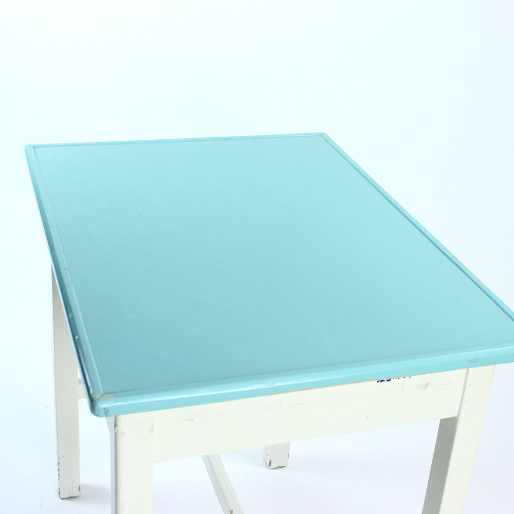 Table de ferme en bois blanc et turquoise tchécoslovaque, années 1950
