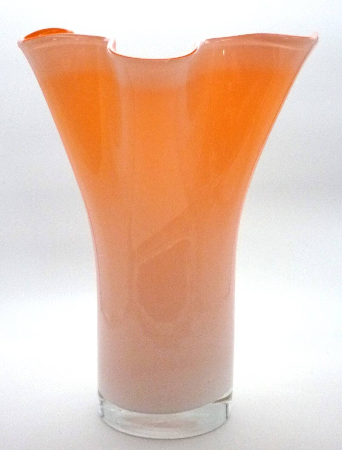 Murano handkerchief vase, blown glass, 1960s design, white and orange.