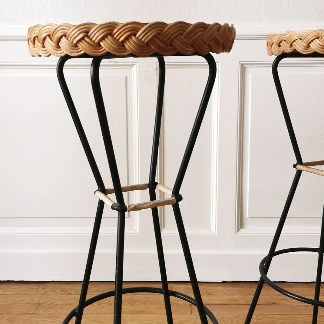 Bar and its 2 rattan stools, 1950