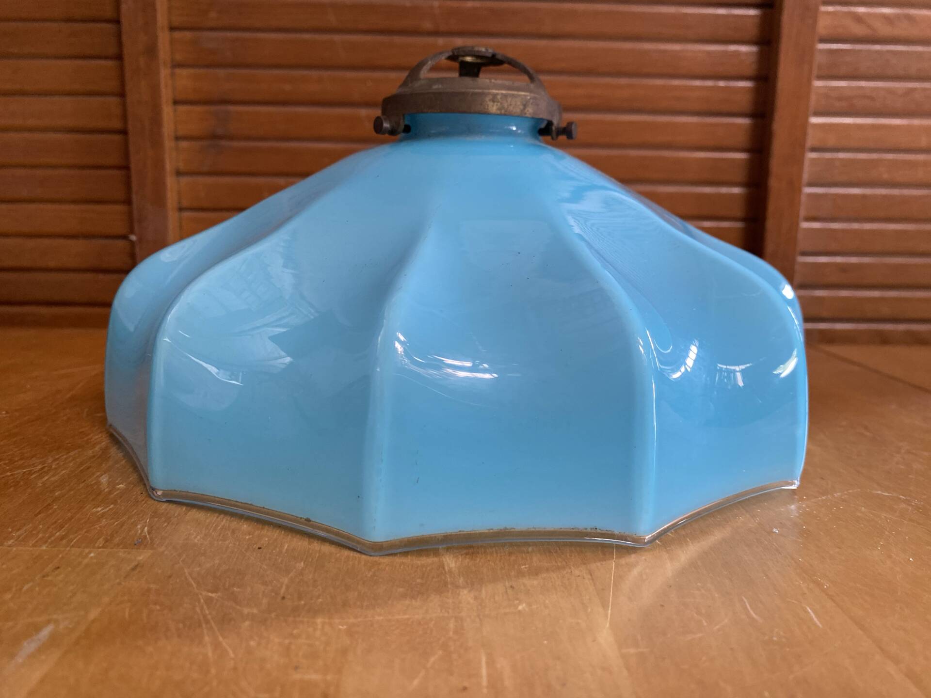 Old Suspension Opaline Blue Lampshade White Interior + Brass #E