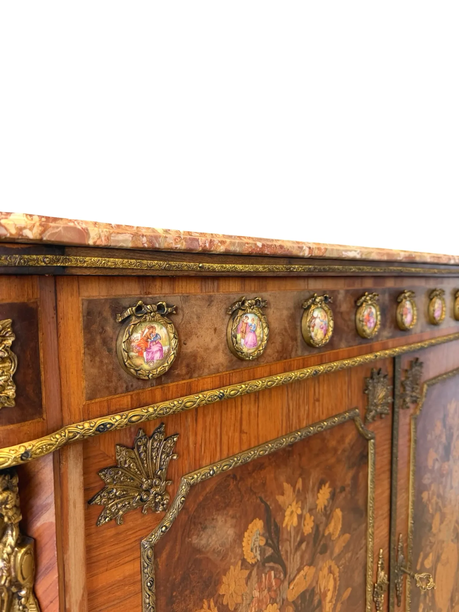 An antique French Louis XVI-style marble-top side cabinet