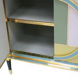 Mid-Century Modern Style Italian Cabinet Wood, Brass and Colored Glass