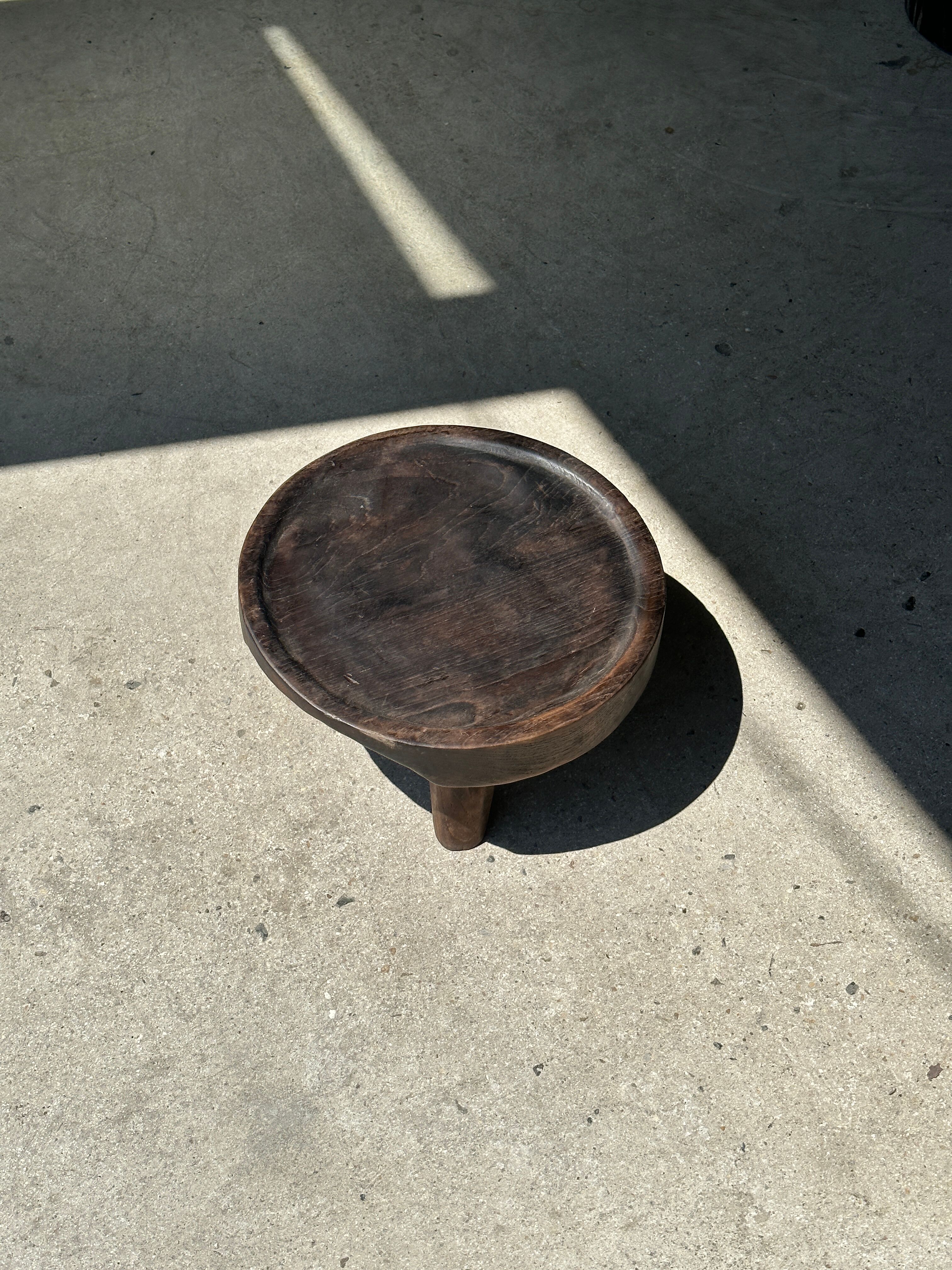 Small tripod stool low in dark brown upcycled teak