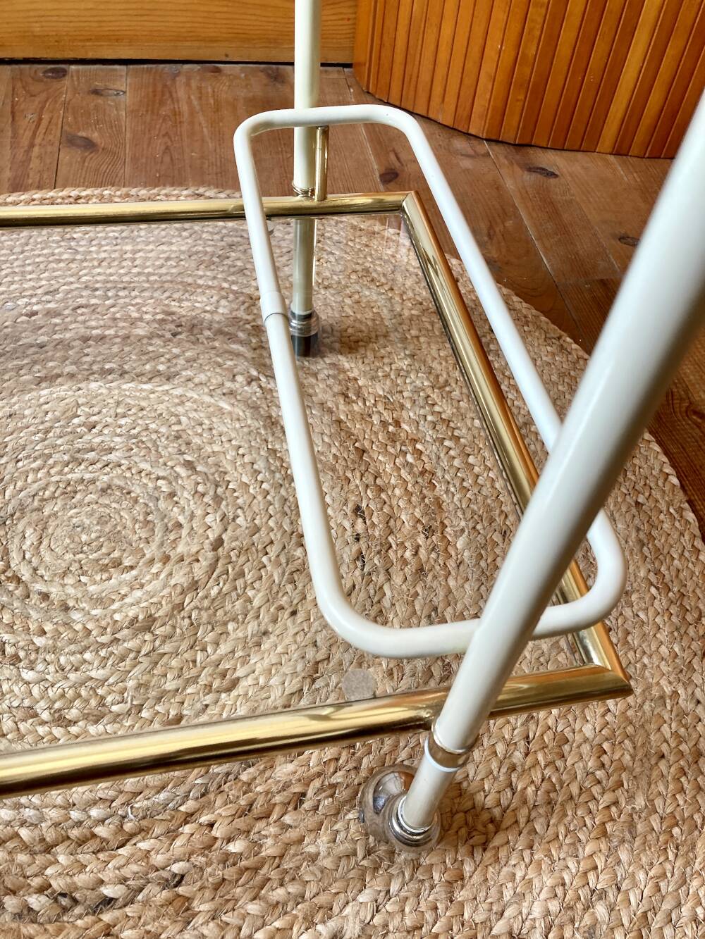 Dessert table with a cream-coloured metal structure and golden brass, 1960s.