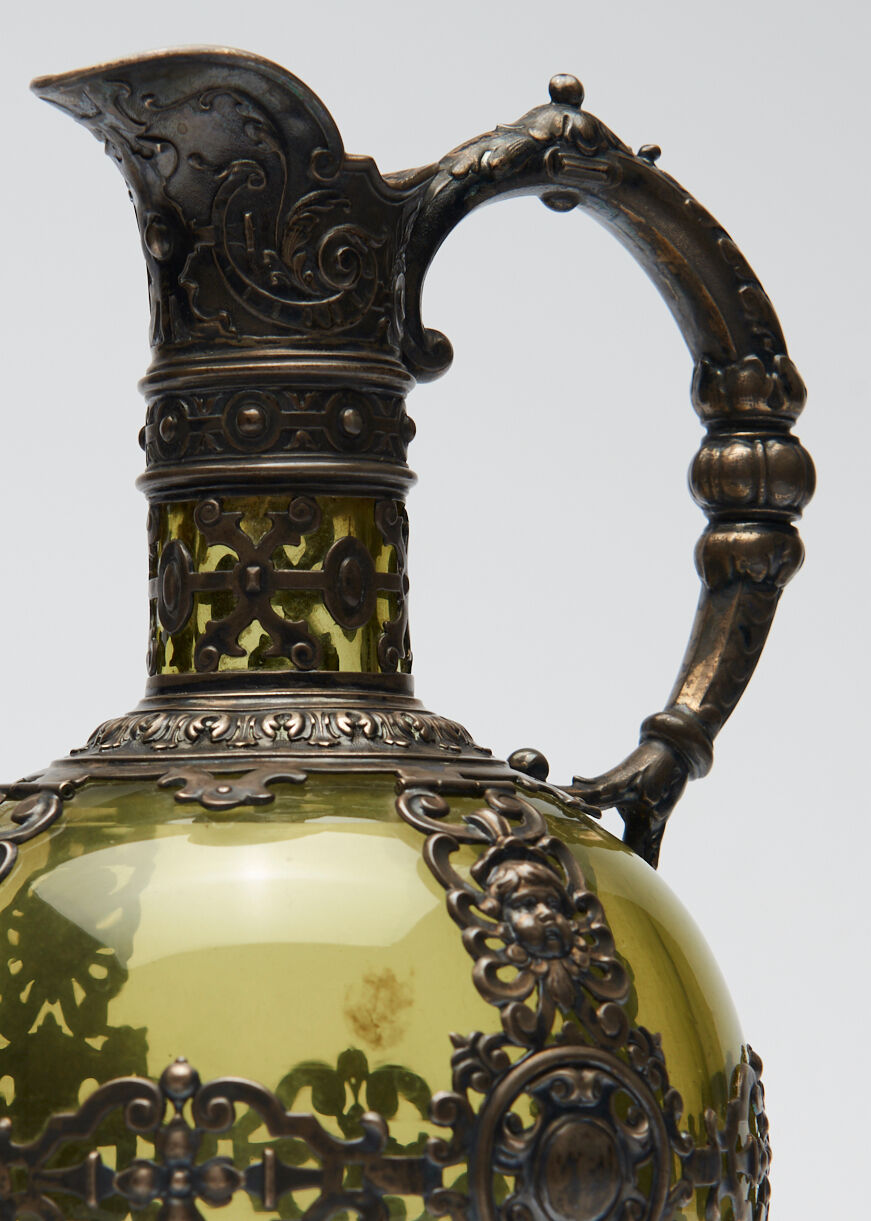 Nineteenth Renaissance style ewer in glass green and brass