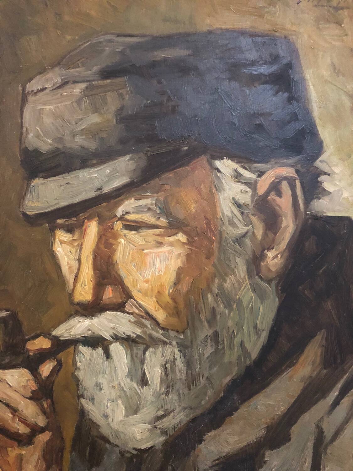 Oil on panel portrait of elderly man with pipe signed