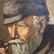 Oil on panel portrait of elderly man with pipe signed