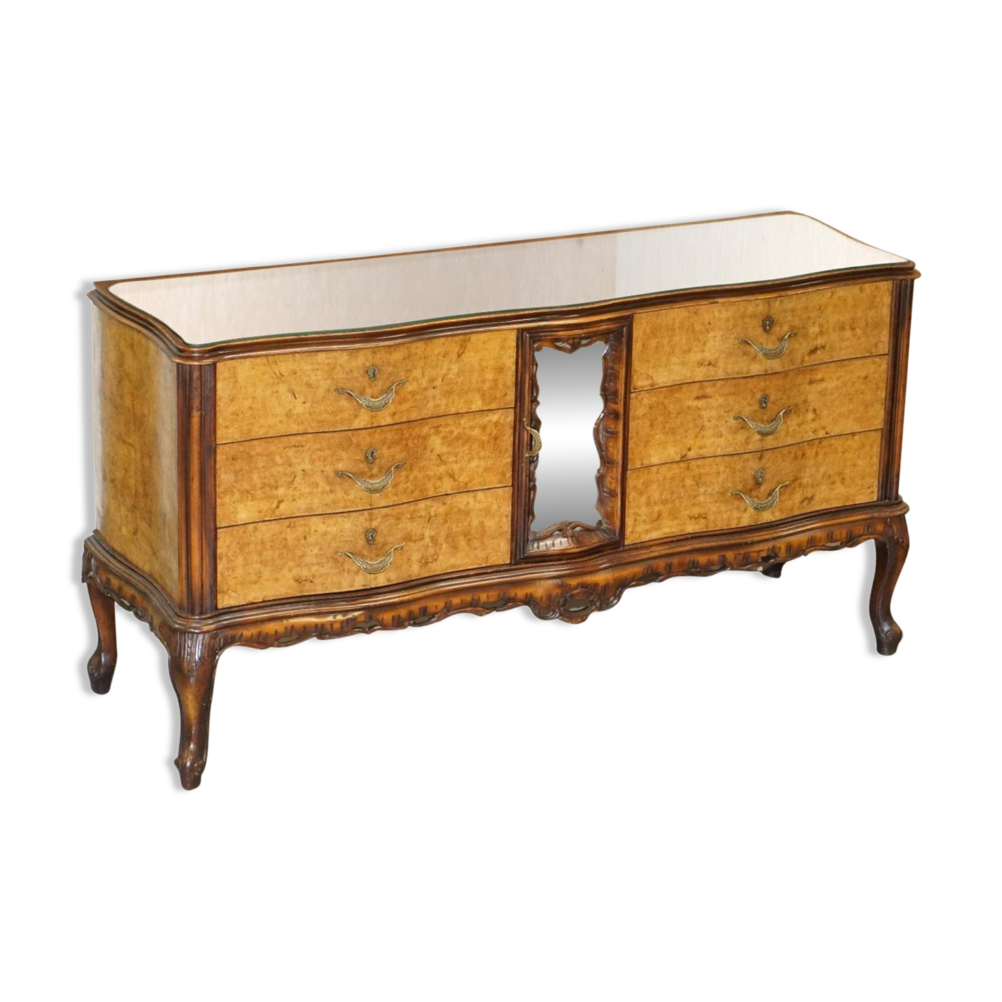 Vintage Italian Buffet in Walnut with Serpentine Front and Mirror Top
