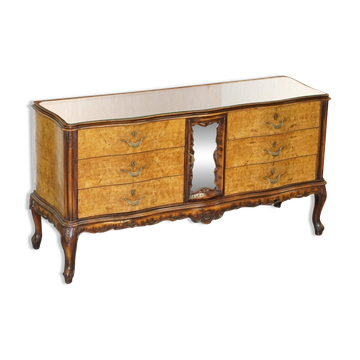 Buffet Vintage Italien en Noyer Burr à Façade Serpentine avec Dessus en Miroir