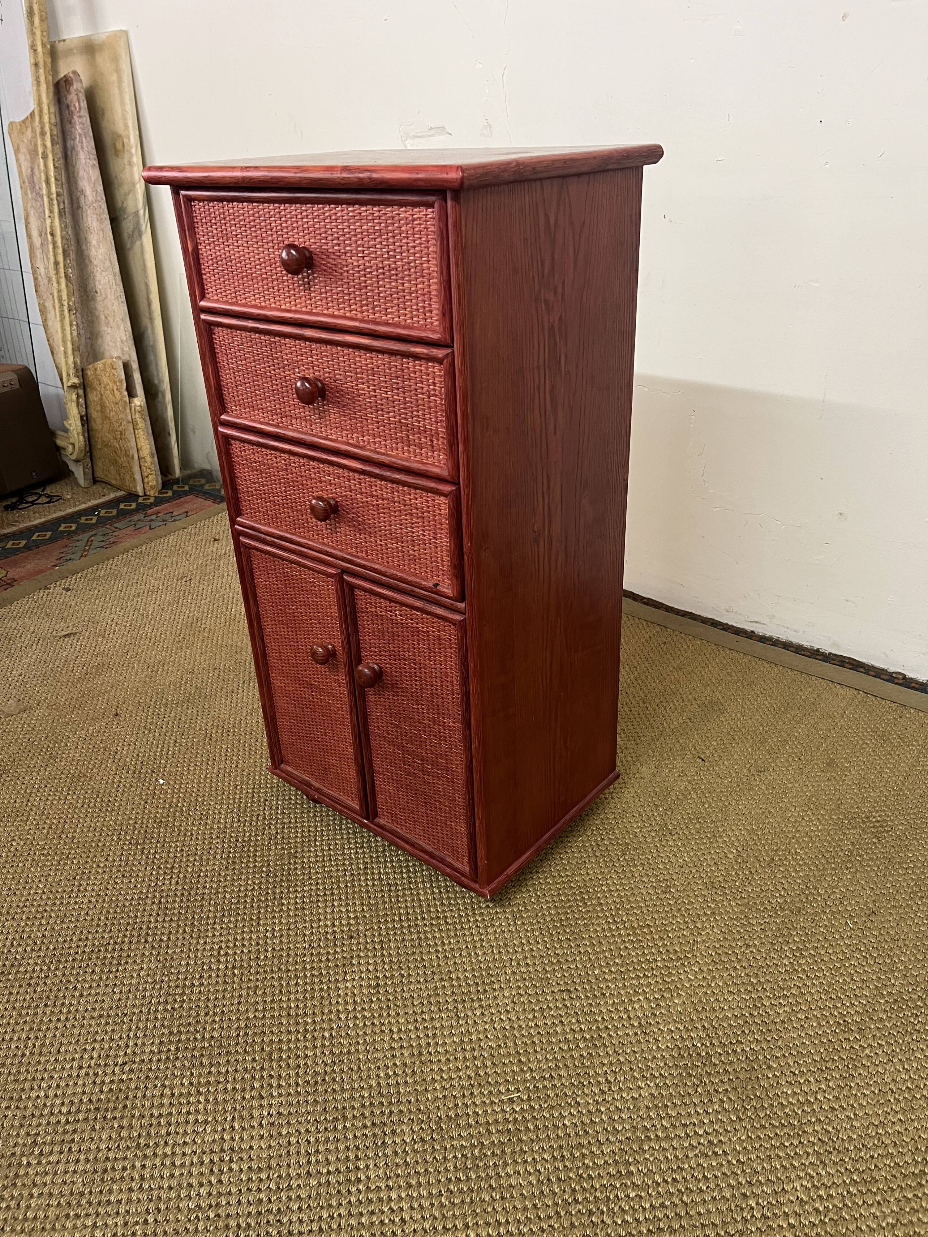 Small Chiffonier / Vintage red lacquered rattan storage unit