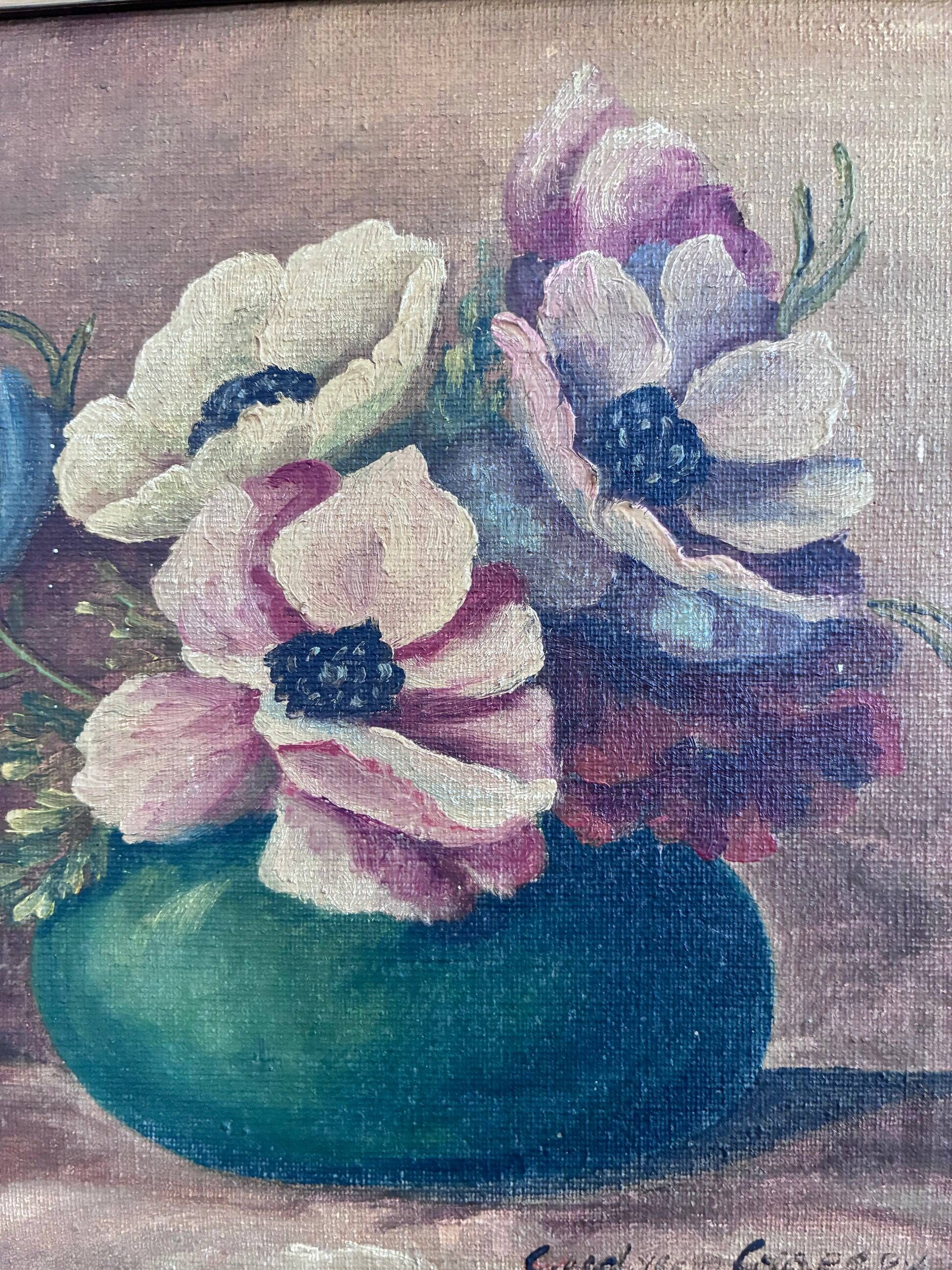 Vintage original floral oil painting, signed flower art