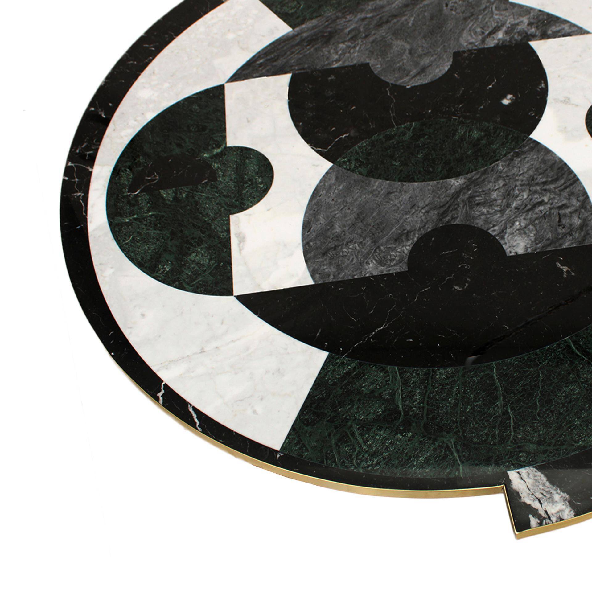 Contemporary Rare Round Italian Table Made of Marble Marquetry Marble and Brass