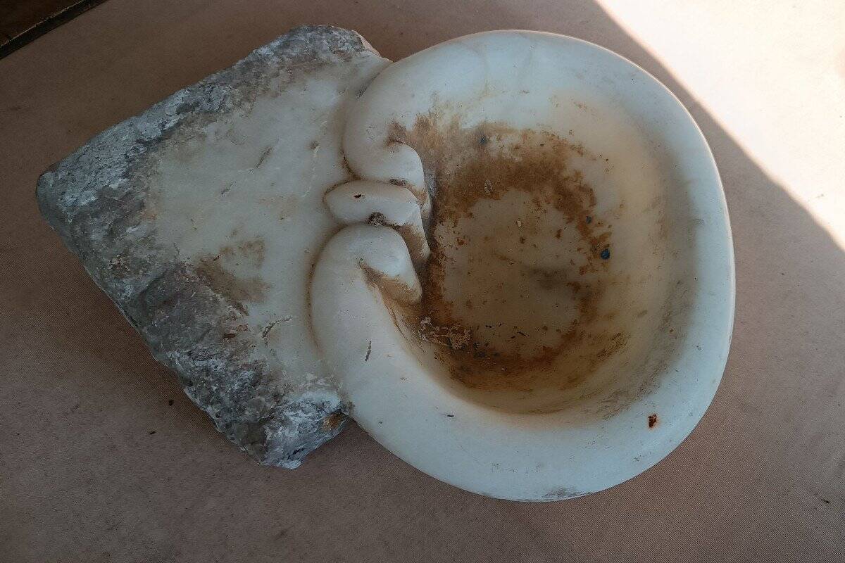 Antique holy water font in Italian Baroque marble