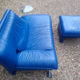 Nicoletti Home Leather Lounge Chair and Footstool Made in Italy Blue