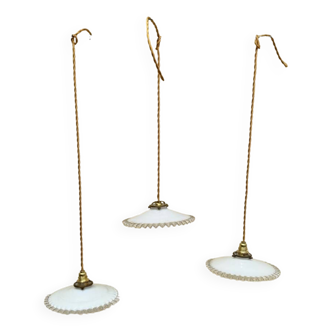 Trio vintage pendant light wavy opaline lampshade golden wires old light