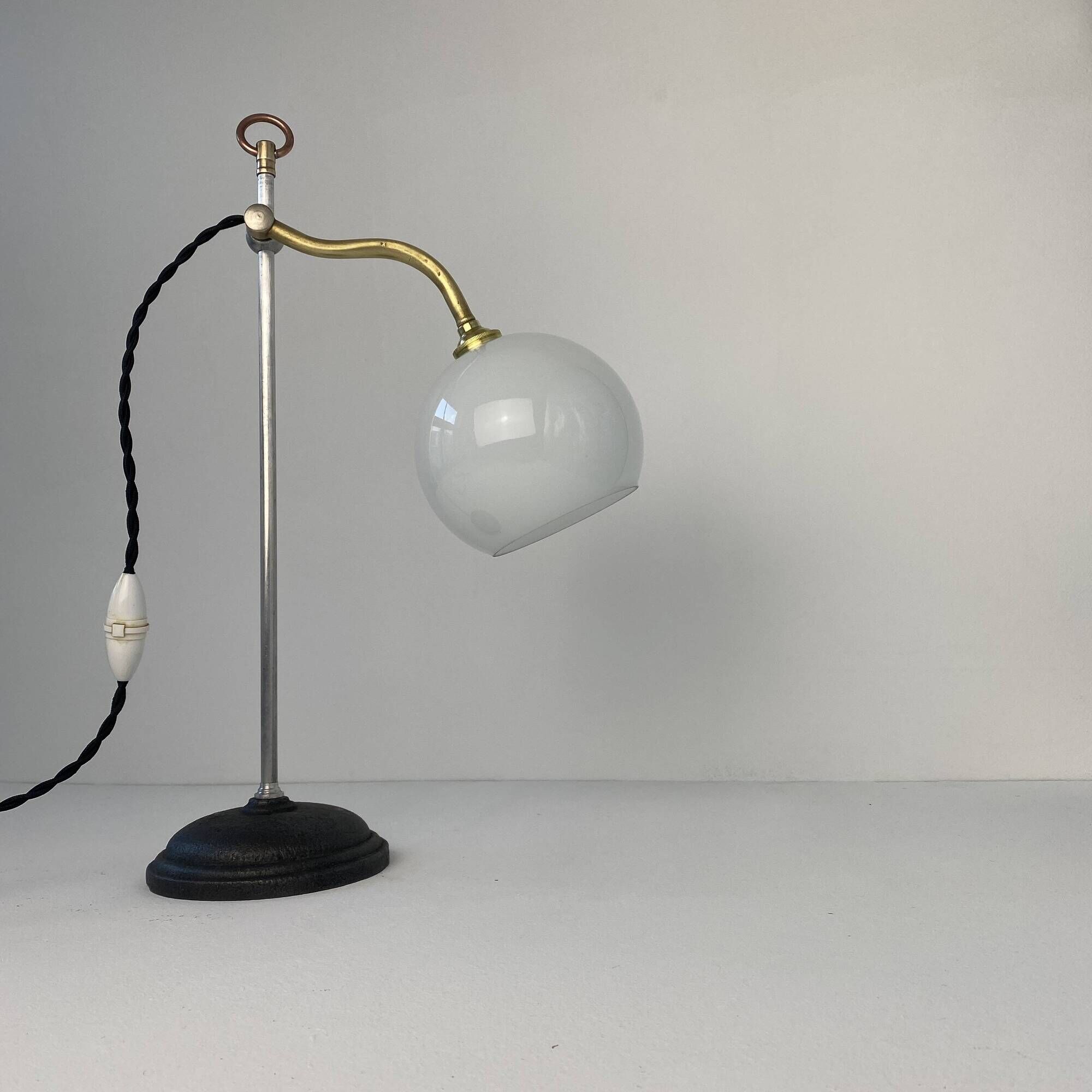 Vintage up and down lamp in opaline, brass and metal
