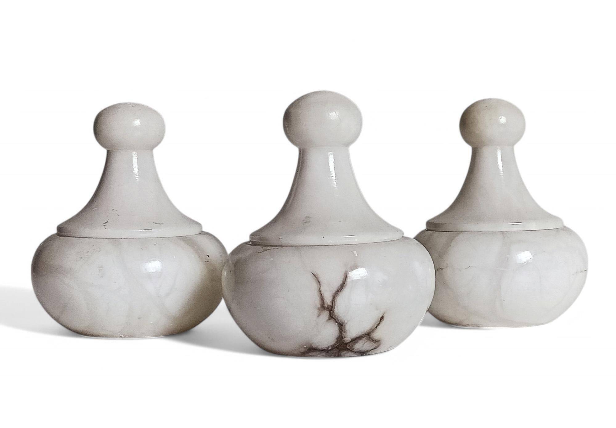 Art Deco Alabaster Set of Three Lidded Urns, Hand-Carved in Spain