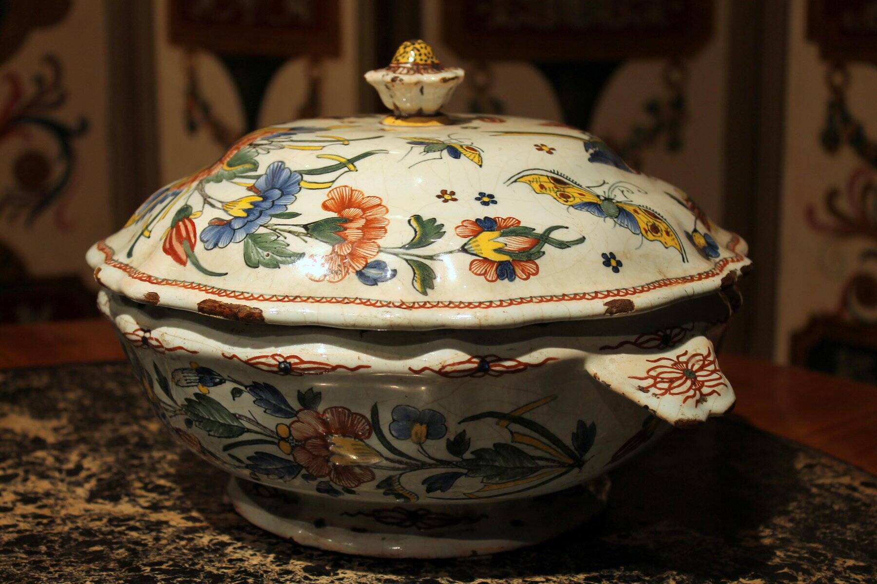 Antique French Faience Lidded Bowl Tureen Hand Painted with Flowers and Insects