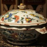 Antique French Faience Lidded Bowl Tureen Hand Painted with Flowers and Insects