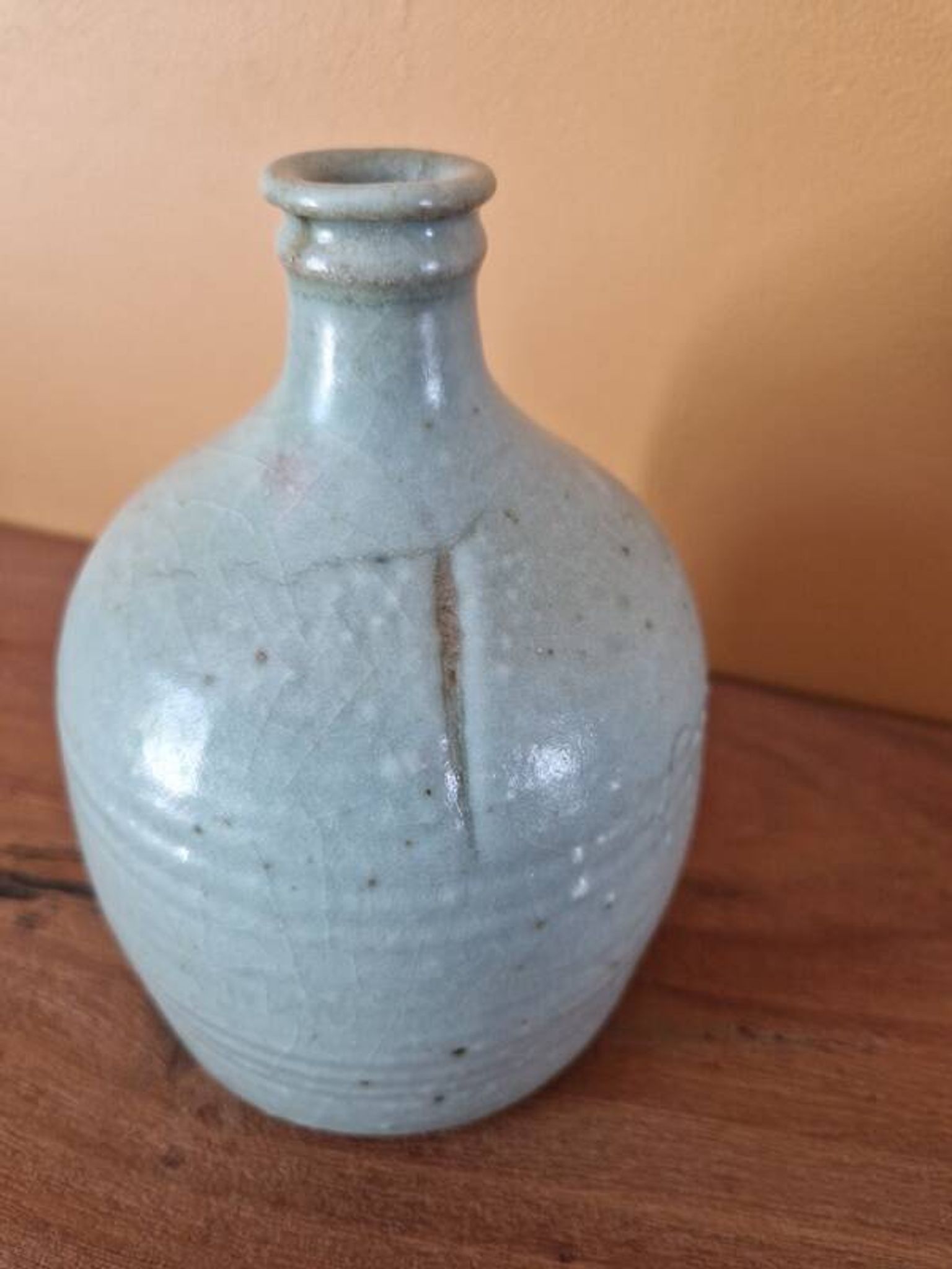 Vase, bouteille, soliflore en grès émaillé vert, Fred Ferry
