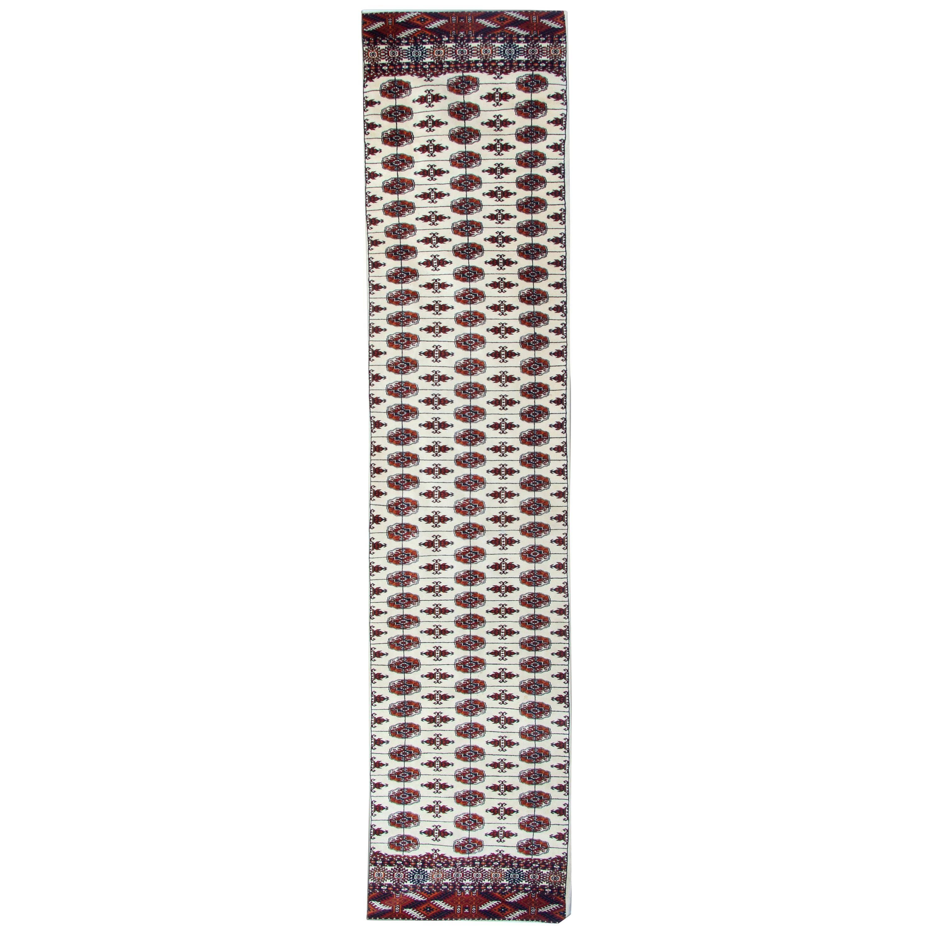 Turkman Runner Rug, Handmade Bukhara Geometric Ivory Runner for Sale