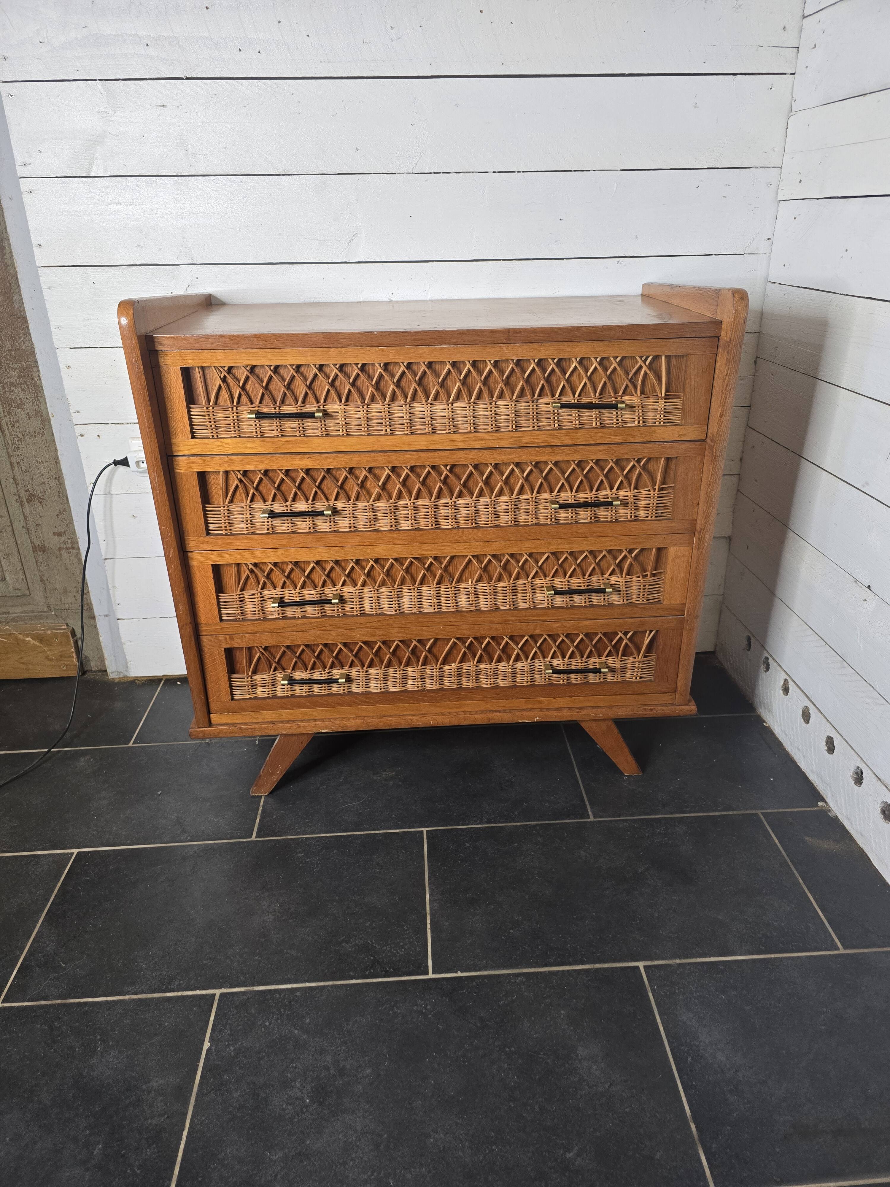 Commode en rotin et bois, années 60